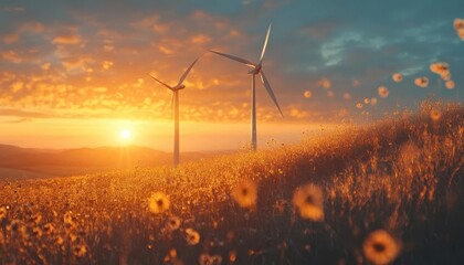 Wind turbines on a hill during sunrise, renewable energy, calm atmosphere, glowing sky, cinematic tones