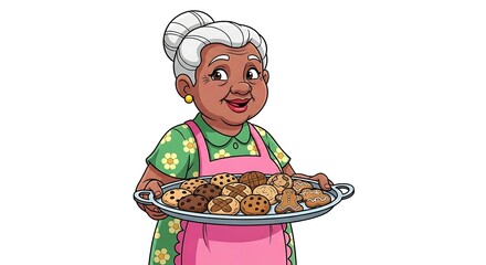 Cartoon grandmother baker holding a tray of cookies, smiling, isolated on white background. Family cooking character.