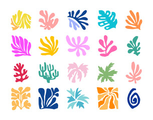Fototapeta premium Abstract Cutout Shapes Set Bold Colorful Vector, Irregular Paper Cut Collage Botanical Silhouettes, Modern Interior Poster Design in Mid Century 20th Style, Contemporary Art with Sun, Palm, Florals