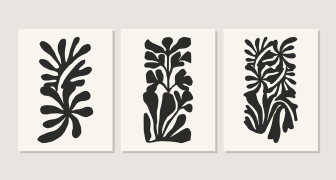 Groovy Floral Summer Organic Shapes Poster Set, Aesthetic Interior Wall Art Black Vector Silhouette, Minimalist Abstract Cutout Bold Irregular Paper Cut Collage Botanical Silhouettes, Contemporary Art
