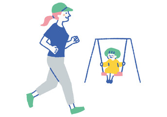 Running woman and girl on swing_Color