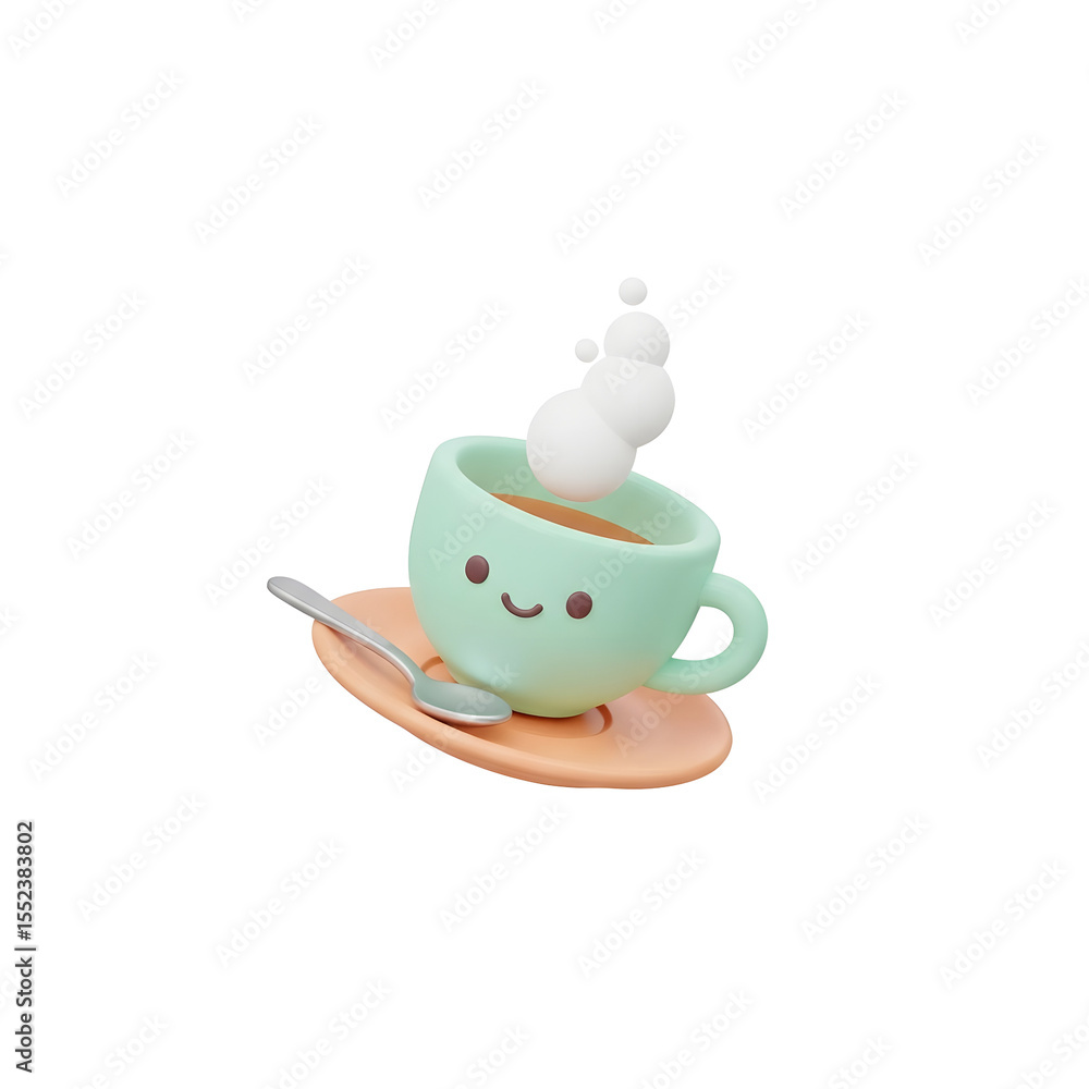 Poster animated 3d image of a smiling teacup on a saucer with a spoon in a black transparent background