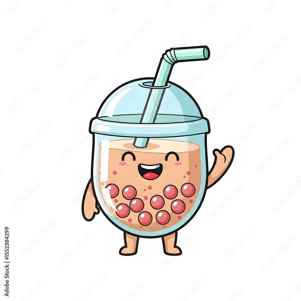 Poster animated beverage character with a smiling face and waving hand. features a transparent background i