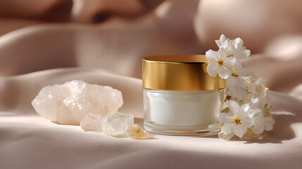 Luxurious skin cream, floral touch, and crystal accents on a soft, shimmering fabric background.