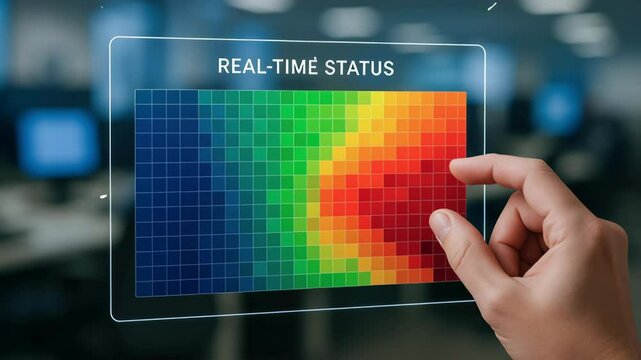 Real time status display and heatmap with automatic AI data analysis, hand touchscreen technology enhancing decision making modern office environment