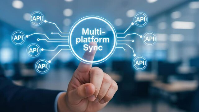 Multi platform sync concept with automatic ai integration and tas technology enhancing connectivity and data exchange modern office environment