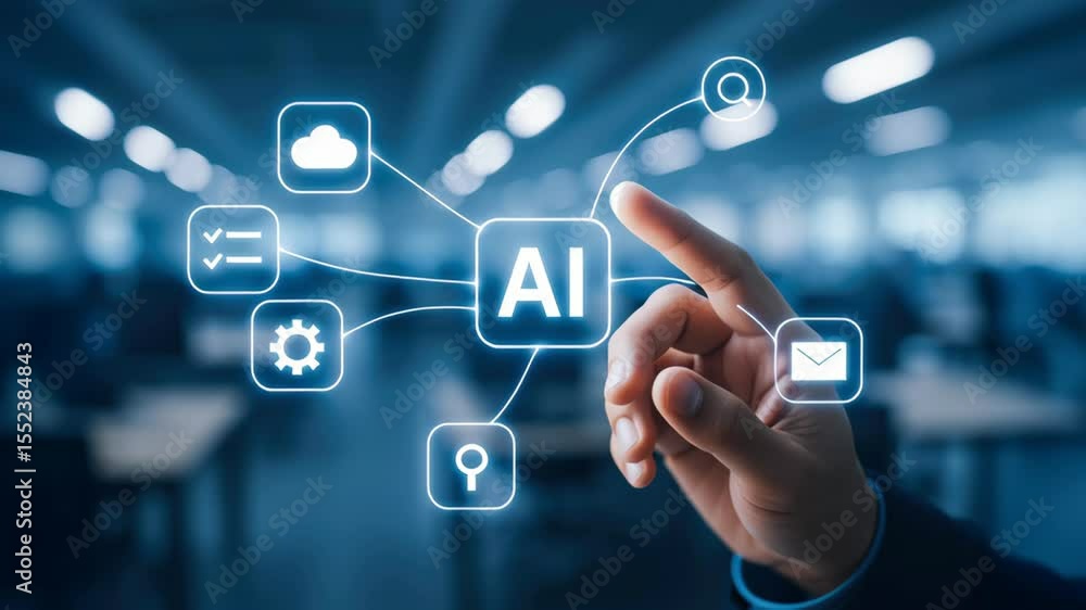 Poster artificial intelligence ai technology with hand pointing cloud security and automatic digital icons 