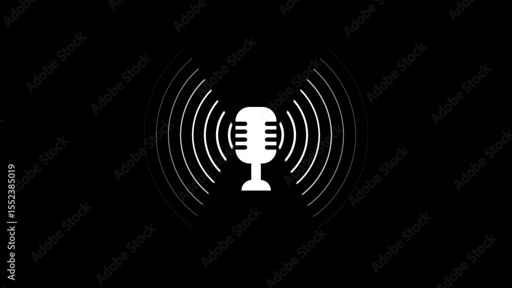 Poster simple white microphone icon surrounded by sound waves on a black background representing audio reco