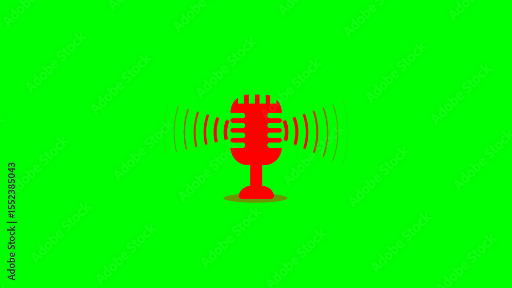 Poster red microphone icon broadcasting audio with sound waves against a green background depicting recordi