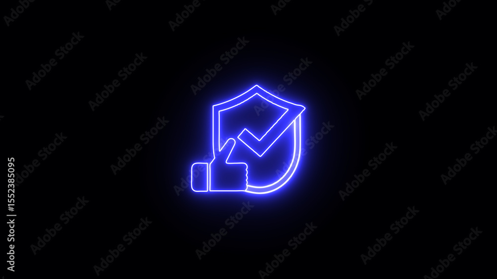 Poster neon protection icon with shield thumb up and checkmark on a dark background representing security a
