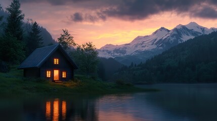 Fototapeta premium Solitary cottage overlooking mountain sunrise