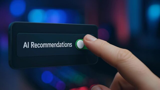 AI recommendation button activated by finger press in dark setting with automatic digital tas technology enhancing smart system user experience