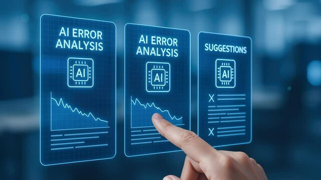 AI error analysis automatic system with suggestions and hand interacting futuristic digital tas interface for advanced technology innovation