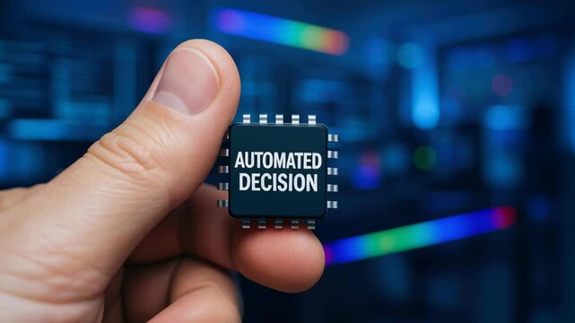 Automatic decision chip held by hand with ai technology and tas concept futuristic digital environment for innovative automatic digital decision
