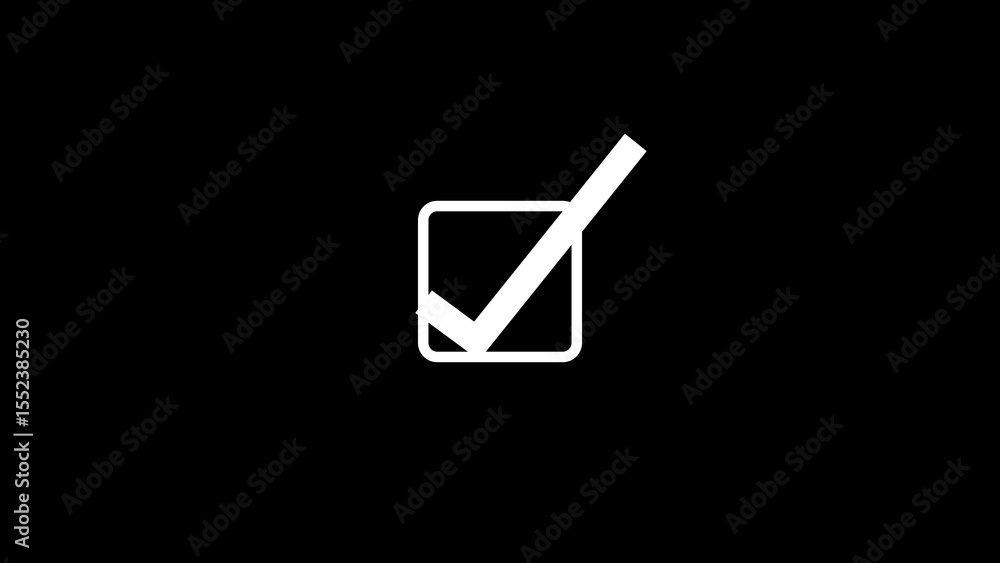 Poster white check mark inside square on black background illustration of positive confirmation symbol suit