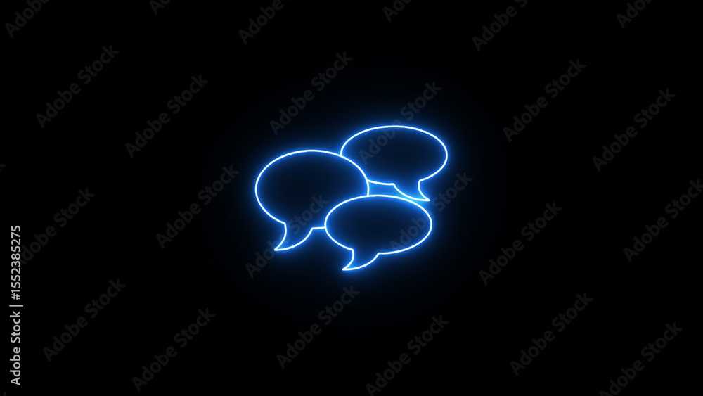 Poster illuminated neon blue speech bubbles on a black background illustrating communication discussion and