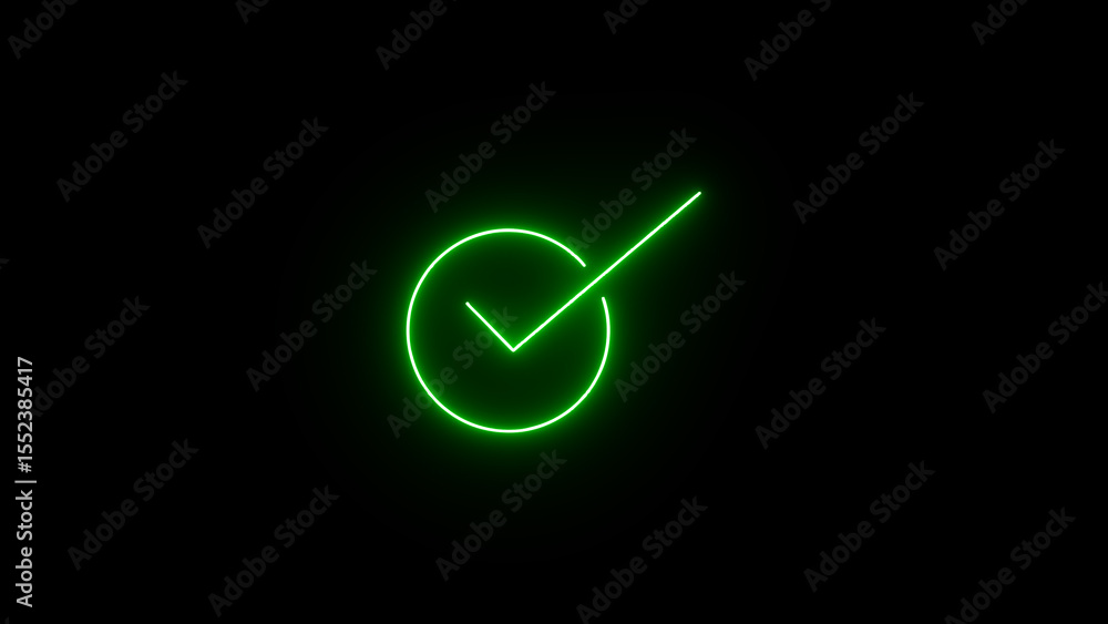 Poster glowing green checkmark symbol illuminating against a black background demonstrating approval or con
