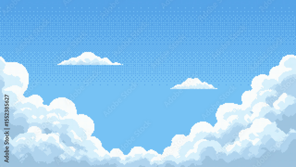 Aufkleber Clear blue sky with white clouds in a pixel art style. Game background or level design for retro arcade games. Video game asset.