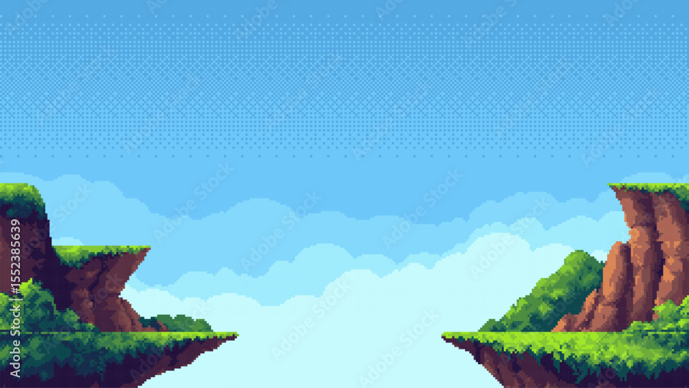 Poster Pixel art game level vector showing floating islands and green landscape in a blue sky. For video game background.