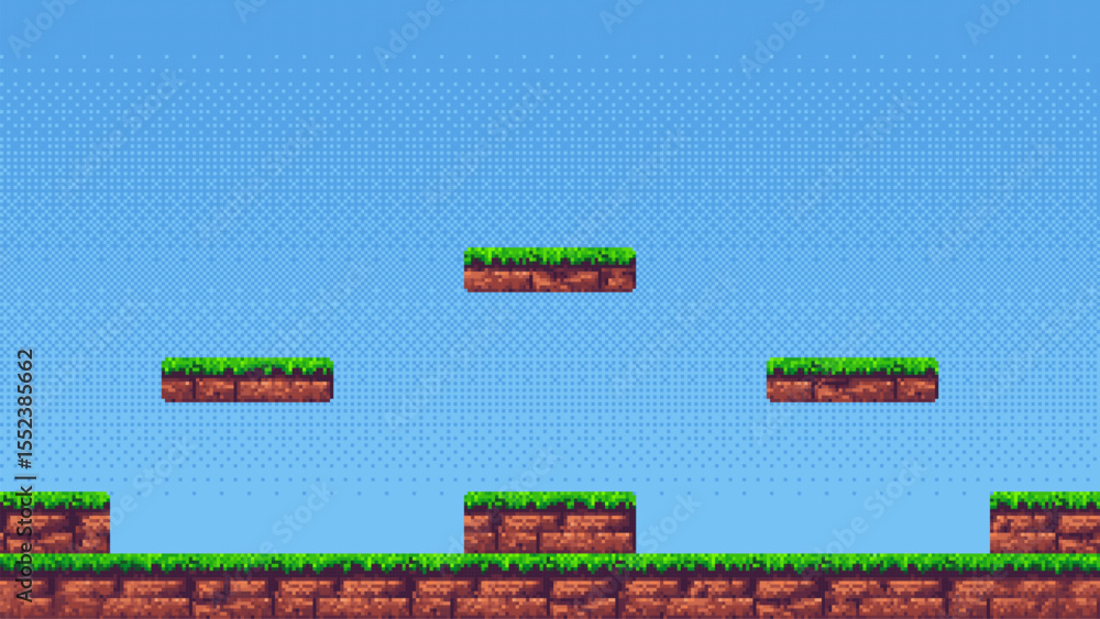 Aufkleber Pixel art game level with floating platforms on a clear blue sky background. Retro 2D video game cartoon design.