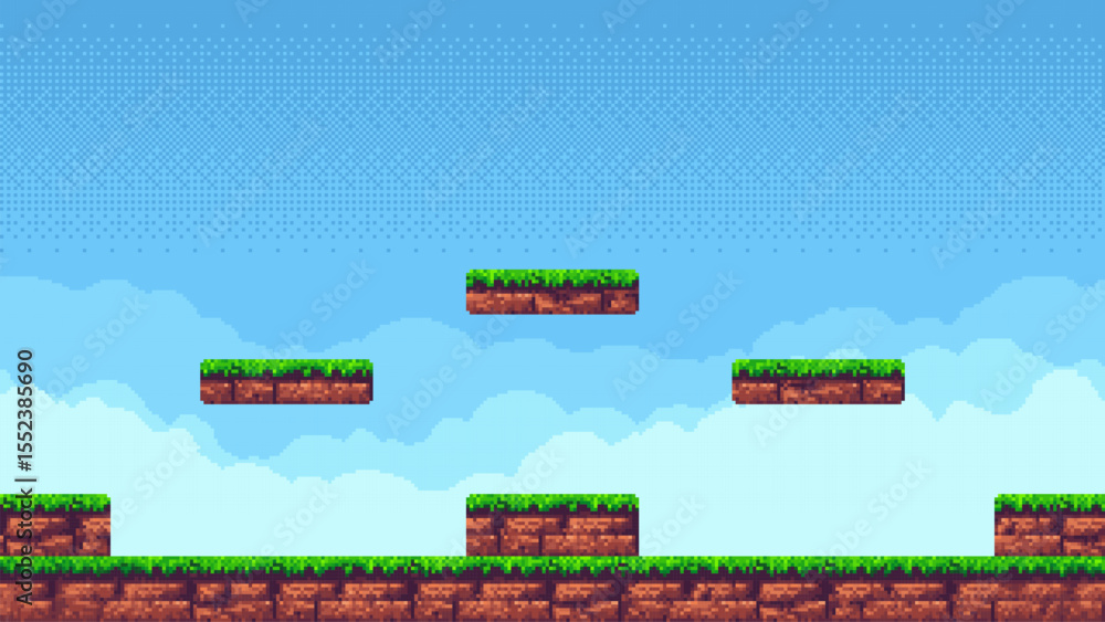 Aufkleber Pixel art game level with floating ground blocks and blue sky background. Retro 8-bit platforming design for digital game development.