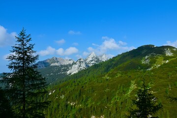 View of alpine landscape in Julian alps with Draški vrh mountain peak in Gorenjska, Slovenia