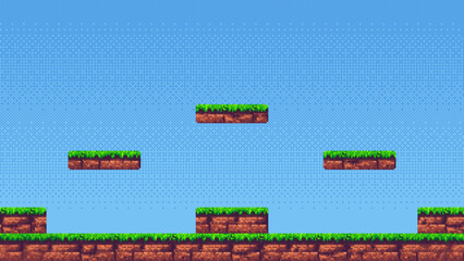 Pixel art game level with floating platforms on a clear blue sky background. Retro 2D video game cartoon design.