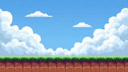 Fototapeta na wymiar Pixel art game level vector with blue sky, white clouds, and green grass on brown earth. Retro gaming background