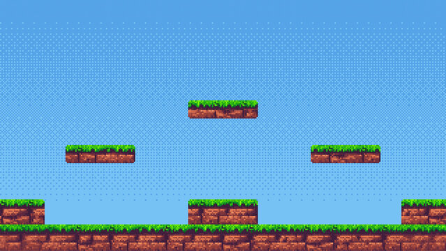 Pixel art game level with floating platforms on a clear blue sky background. Retro 2D video game cartoon design.