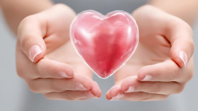A pair of hands gently holds a glowing digital heart, symbolizing care and protection.