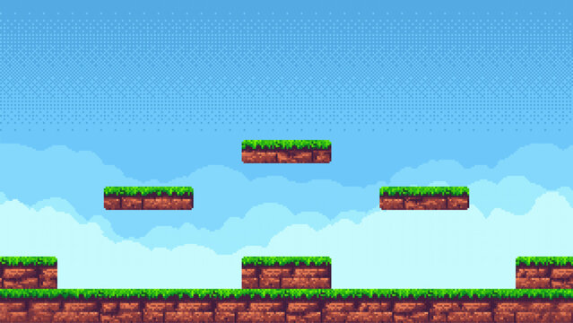 Pixel art game level with floating ground blocks and blue sky background. Retro 8-bit platforming design for digital game development.