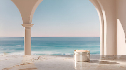 Obraz na płótnie Canvas Cosmetic jar on marble table with ocean view through architectural arches, serene and luxurious.