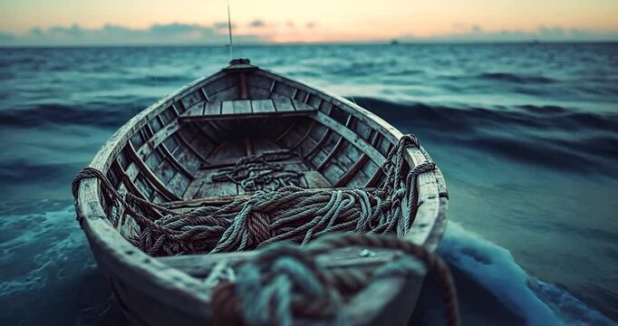 Generic boat floating on ocean waves under a dusky sky capturing a sense of solitude and voyage