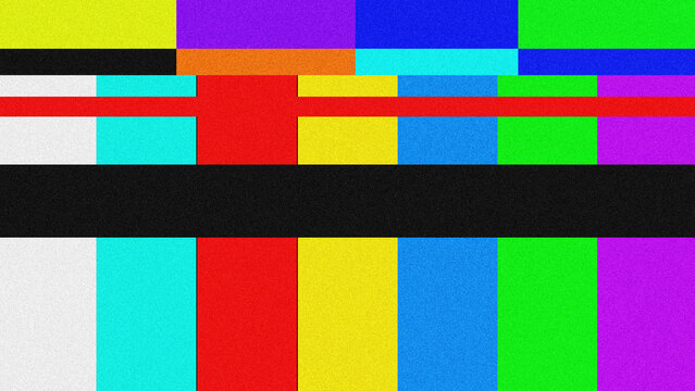 Abstract and colorful retro tv static background with noise effect featuring horizontal and vertical color blocks with vibrant hues, perfect for creative design templates
