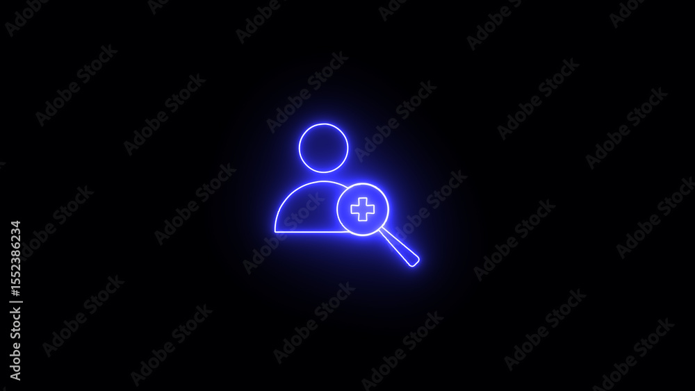Poster illuminated neon add person icon against a stark black background representing onboarding recruitmen