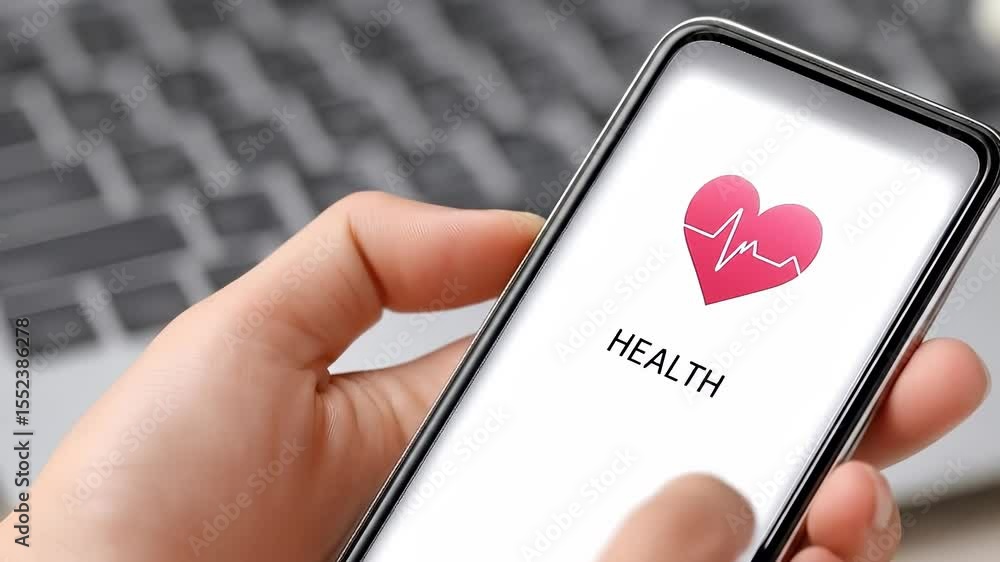 Poster a person holds a smartphone displaying a health app with a heart and ekg line icon on the screen.