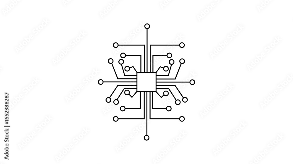 Poster simple black and white vector illustration of a central processing unit and connected circuit board 