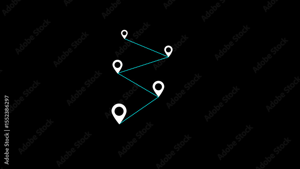 Poster minimalist route map illustration with location markers and connecting lines on a black background s