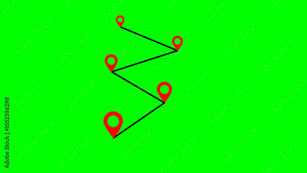 Poster navigation route marked by red location pins connected by a zigzagging black line showing direction 