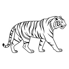 Naklejka premium Black and white illustration of a walking tiger ideal for logos and graphic design