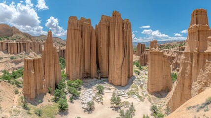 Dramatic sandstone formations in a desert canyon landscape.