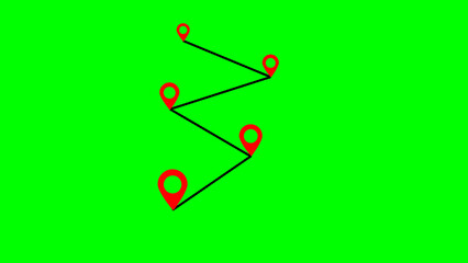 Navigation route marked by red location pins connected by a zigzagging black line showing direction on a vibrant green background.