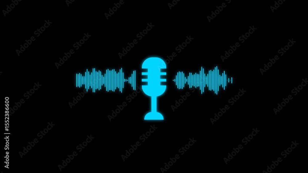 Poster minimalist microphone icon with audio waveform visualization on a black background illustrating podc