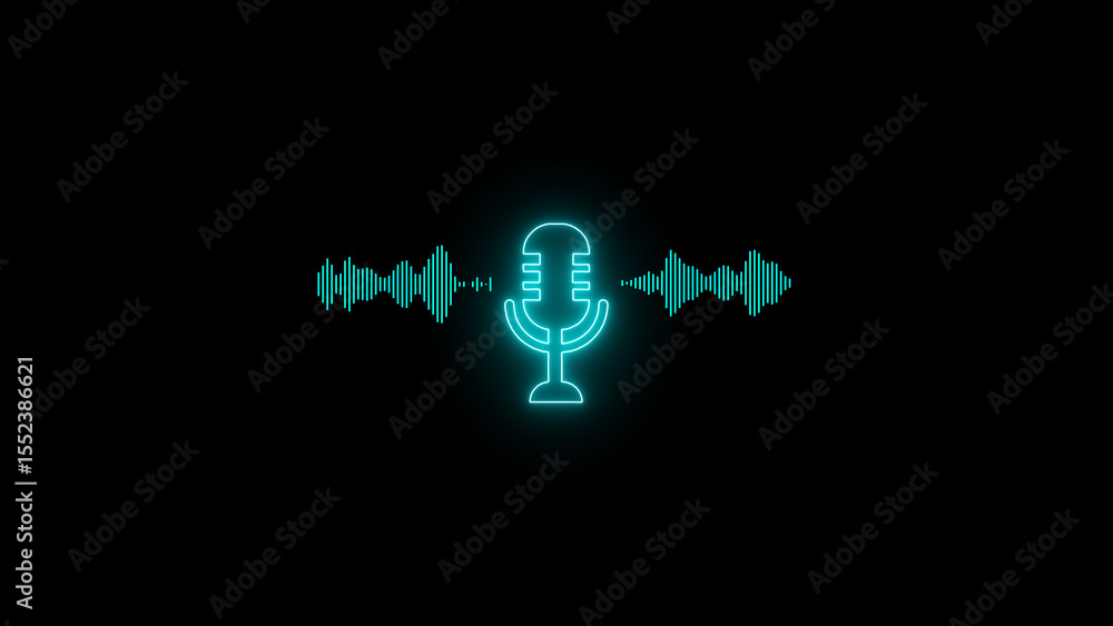 Poster illuminated neon microphone design with sound waves on black background representing podcast recordi