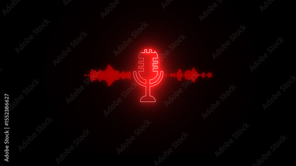Poster a striking red neon microphone illustration against a black background with sound wave visualizers r