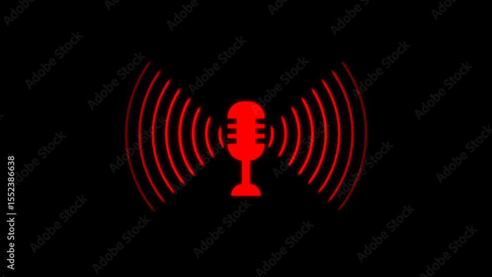 Poster a bold red microphone design with soundwaves radiating outward from its central position conveying c