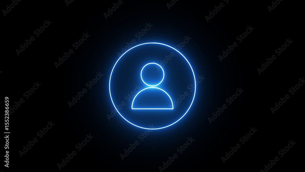 Poster glowing neon blue user profile icon on a black background represents account identity avatar symbol 