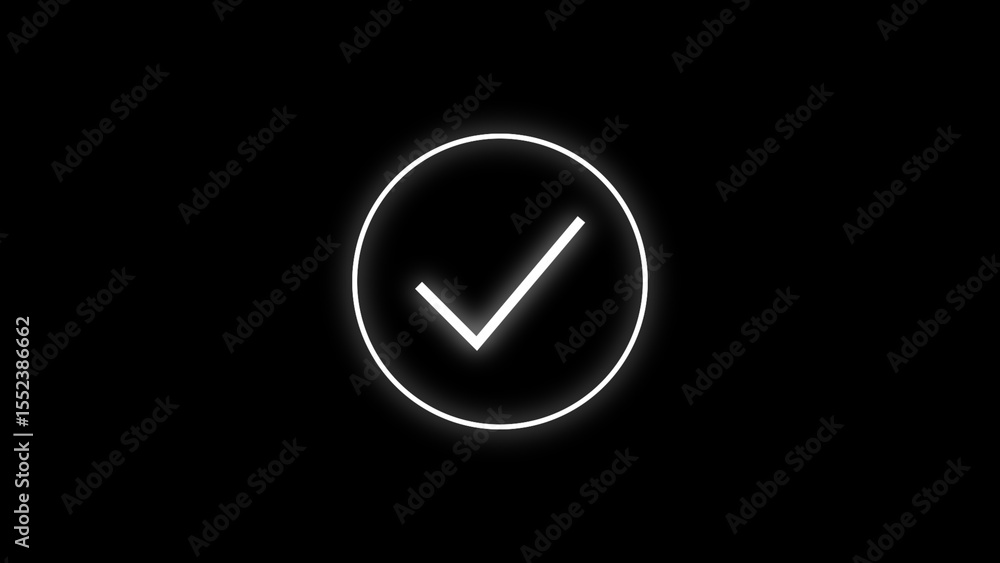 Poster neon checkmark symbol inside a circle glowing brightly on a solid black background ideal for digital