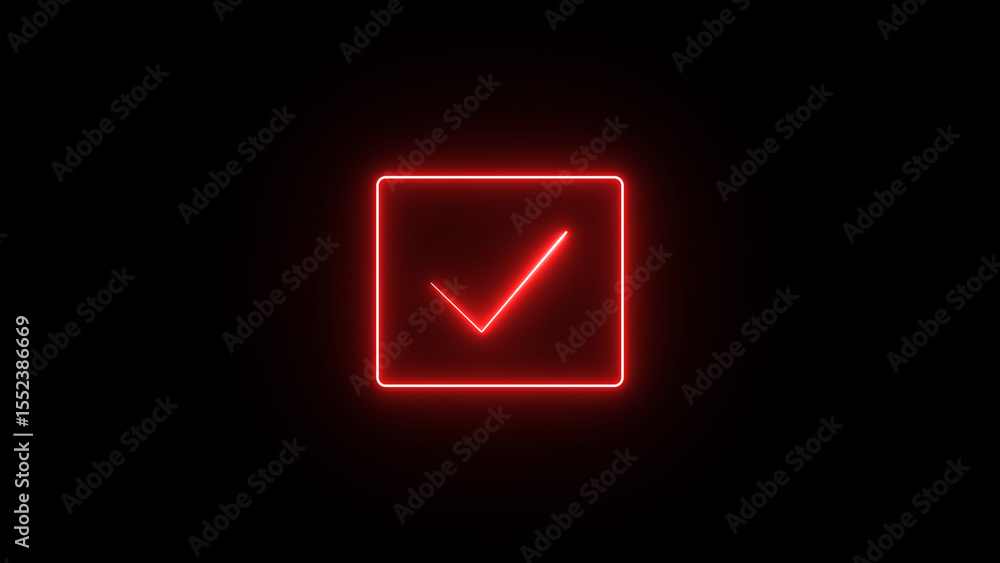 Poster glowing red neon checkmark icon inside a square on a black background representing approval success 