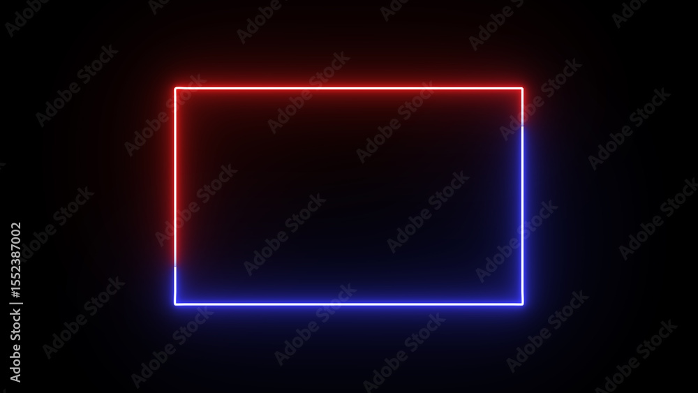 Poster animated abstract glowing rectangle with red top and blue bottom, neon light frame on a dark backgro
